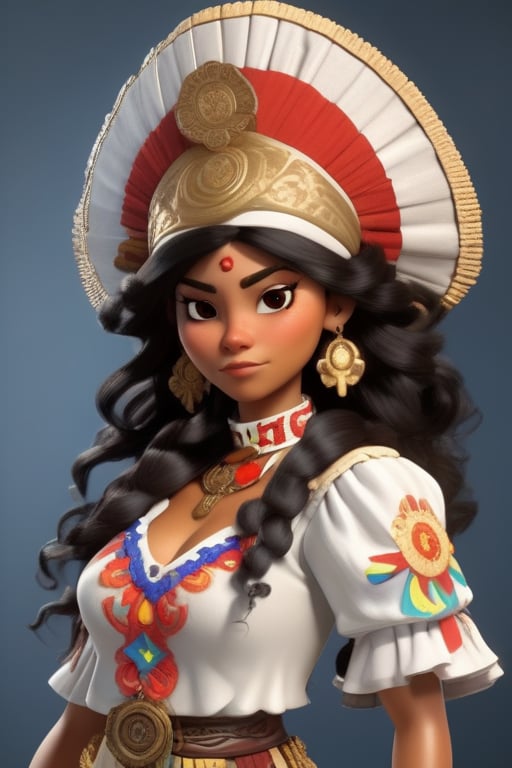 Female character with a nurse theme,  Her attire and accessories should be inspired by Colombian mythology or regional Col...