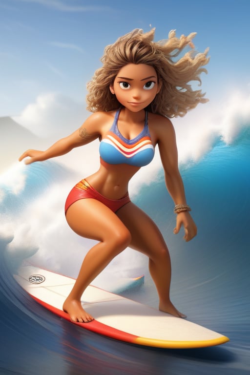 Female character with a surfer theme,  Her attire and accessories should be influenced by Colombian mythology or regional...