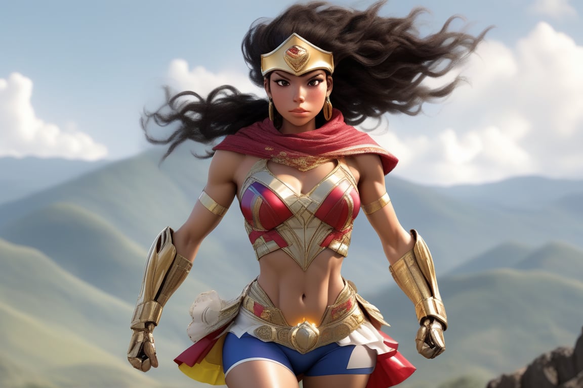 Female character with a velocist (speedster) theme,  Her attire and accessories should draw inspiration from Colombian myt...