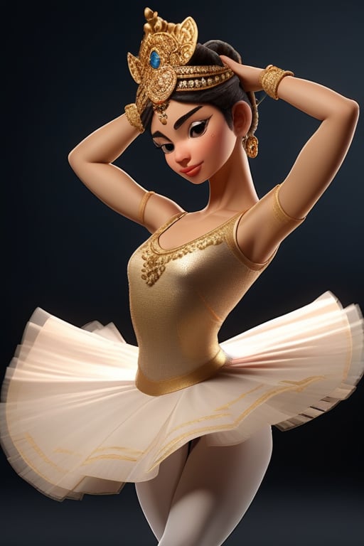 Female character with a ballet dancer theme,  Her attire and accessories should be inspired by Colombian mythology or regi...