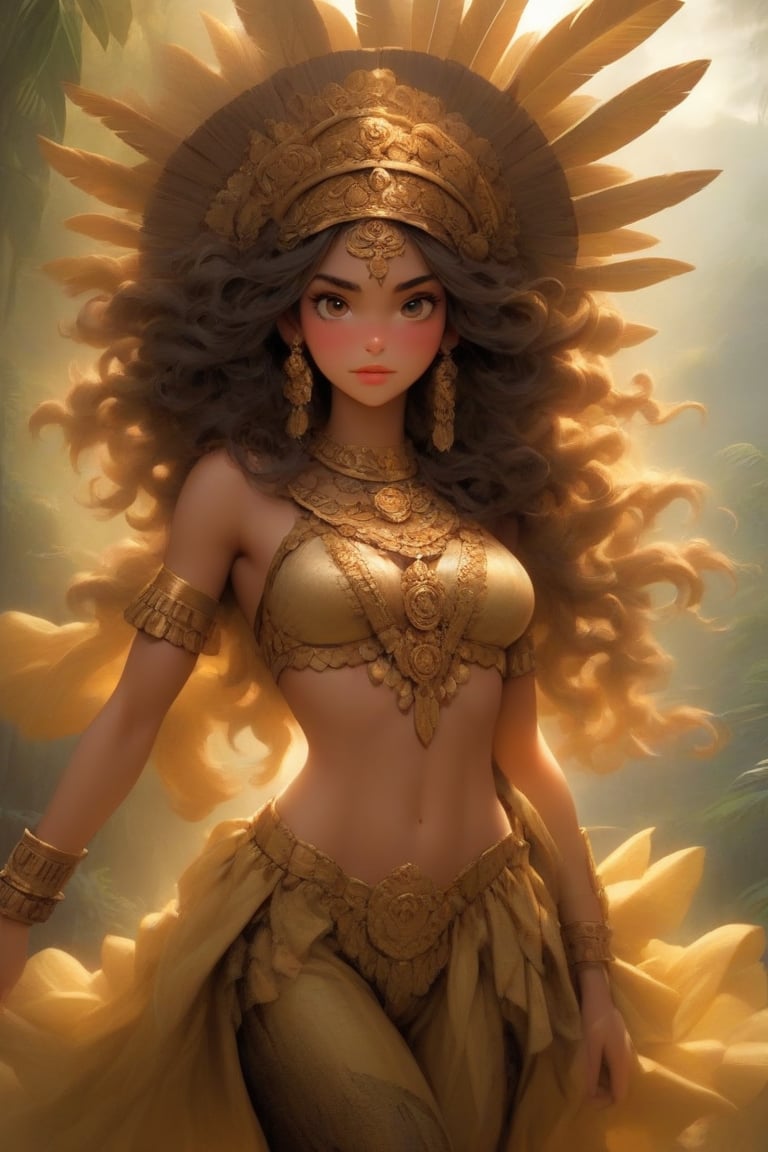 Create the depiction of the world's most beautiful woman,  Her attire and accessories should be deeply influenced by Colom...
