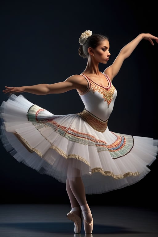 Female character with a ballet dancer theme,  Her attire and accessories should be inspired by Colombian mythology or regi...