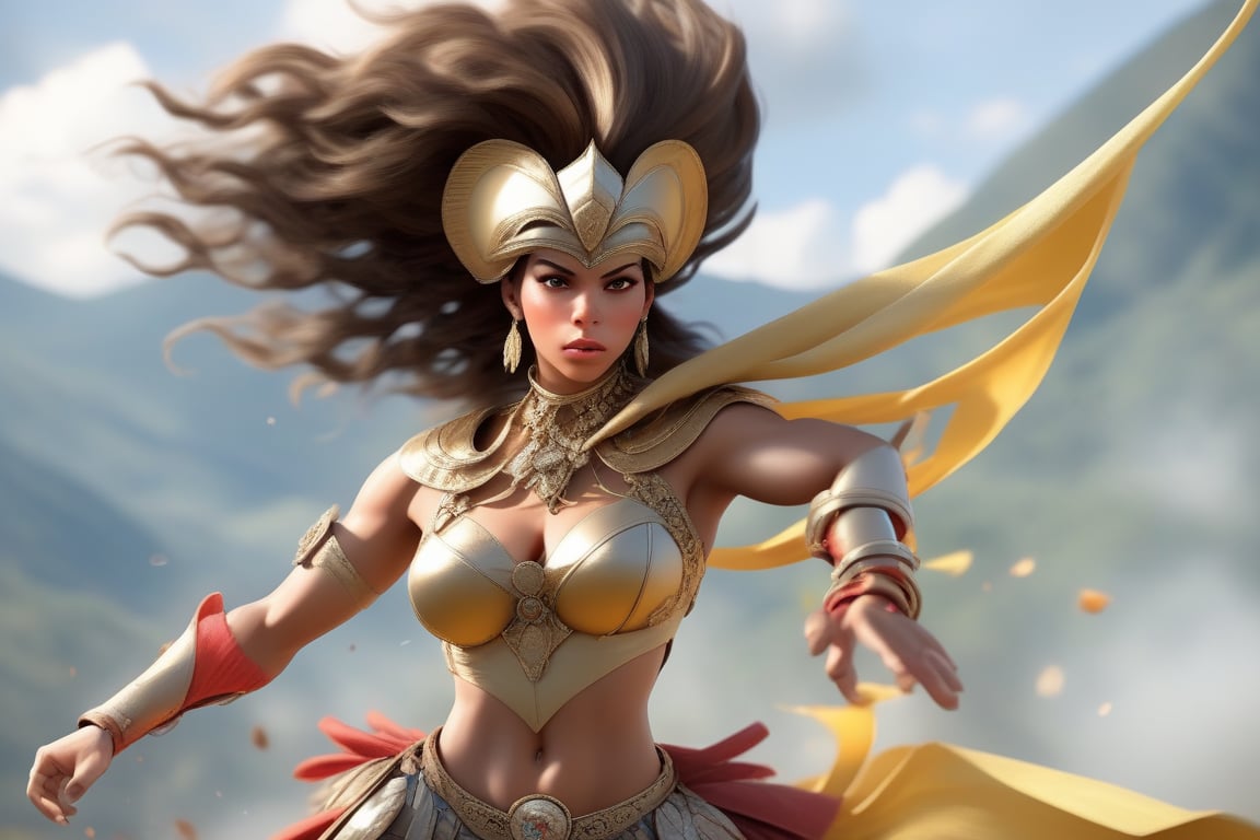 Female character with a velocist (speedster) theme,  Her attire and accessories should draw inspiration from Colombian myt...