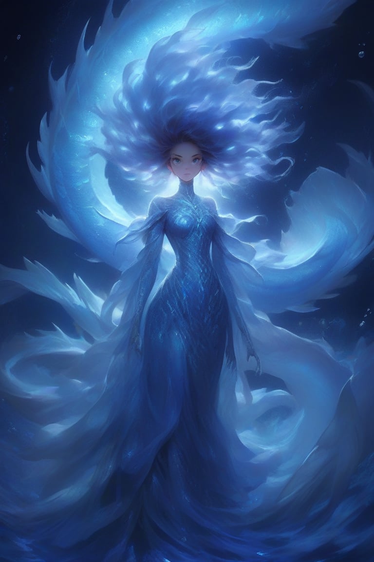 The ethereal woman stands as a testament to the harmonious melding of nature's beasts and cosmic wonders,  condensed into...