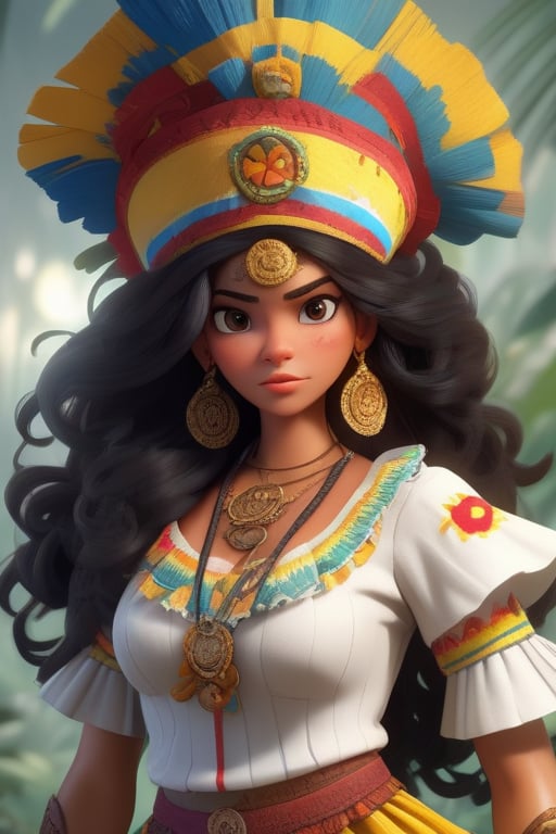 Female character with a nurse theme,  Her attire and accessories should be inspired by Colombian mythology or regional Col...