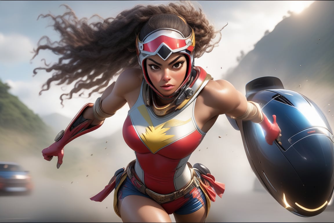 Female character with a velocist (speedster) theme,  Her attire and accessories should draw inspiration from Colombian myt...