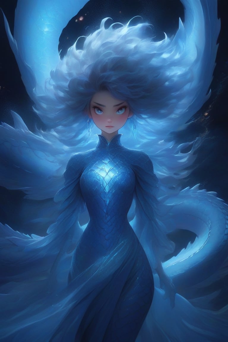 The ethereal woman stands as a testament to the harmonious melding of nature's beasts and cosmic wonders,  condensed into...