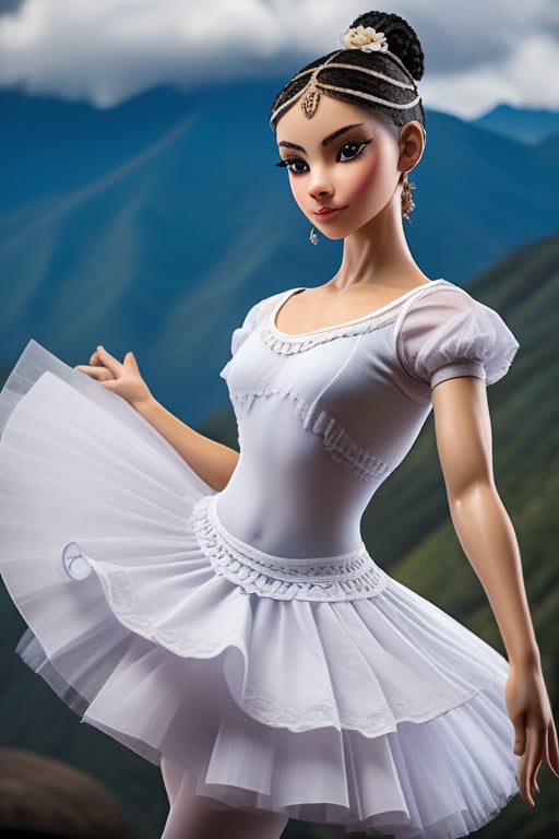 Female character with a ballet dancer theme,  Her attire and accessories should be inspired by Colombian mythology or regi...