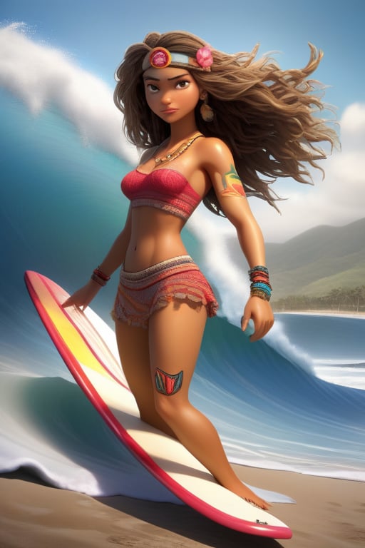 Female character with a surfer theme,  Her attire and accessories should be influenced by Colombian mythology or regional...