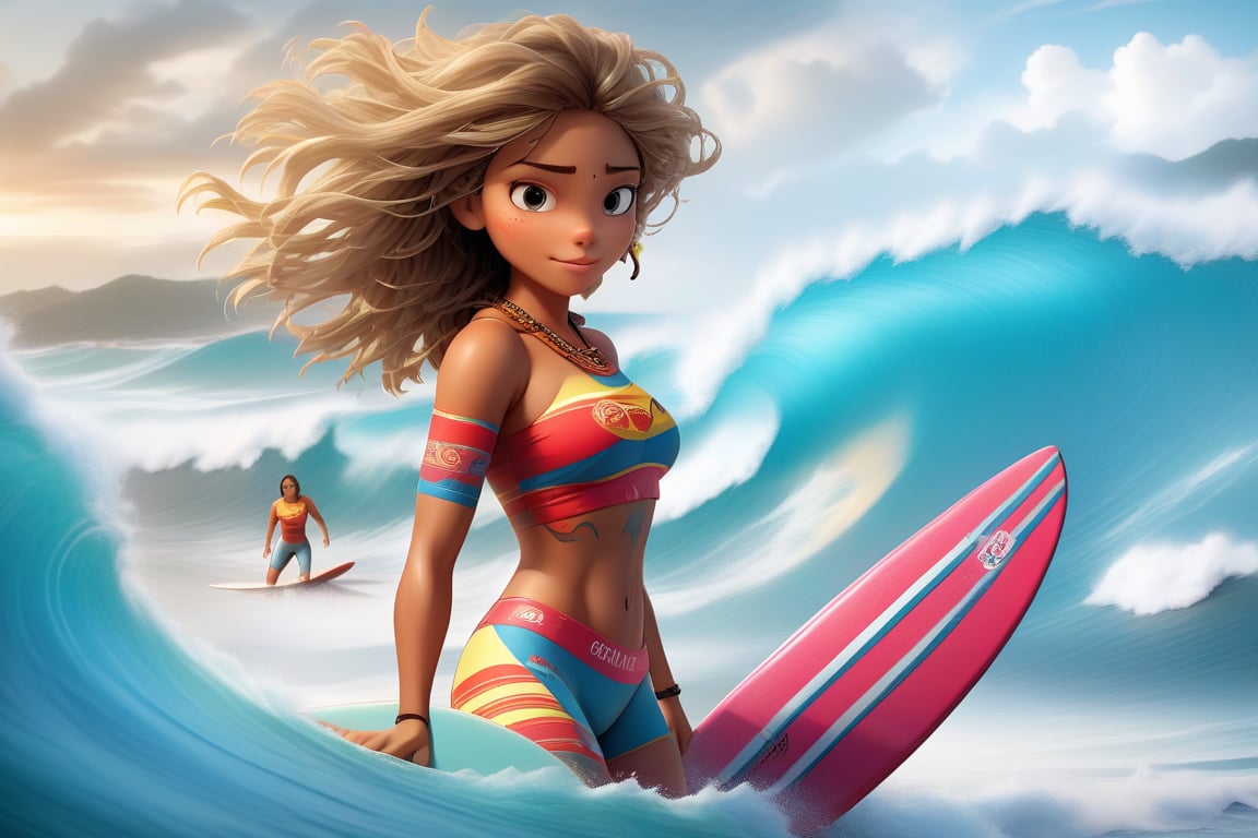 Female character with a surfer theme,  Her attire and accessories should be influenced by Colombian mythology or regional...
