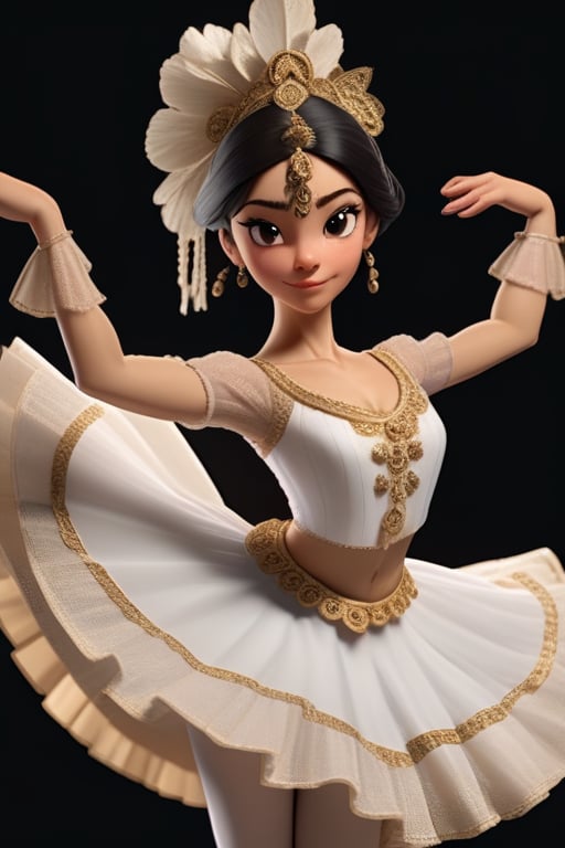 Female character with a ballet dancer theme,  Her attire and accessories should be inspired by Colombian mythology or regi...