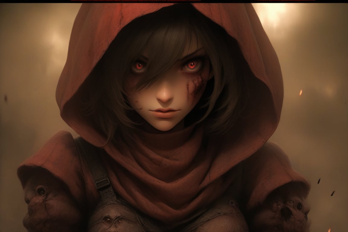 Face: Central to this harrowing canvas,  her face is rendered with profound depth and detail. Every feature,  from her pro...