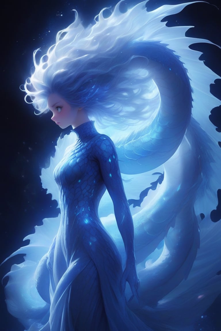 The ethereal woman stands as a testament to the harmonious melding of nature's beasts and cosmic wonders,  condensed into...