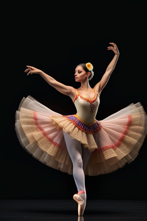 Female character with a ballet dancer theme,  Her attire and accessories should be inspired by Colombian mythology or regi...