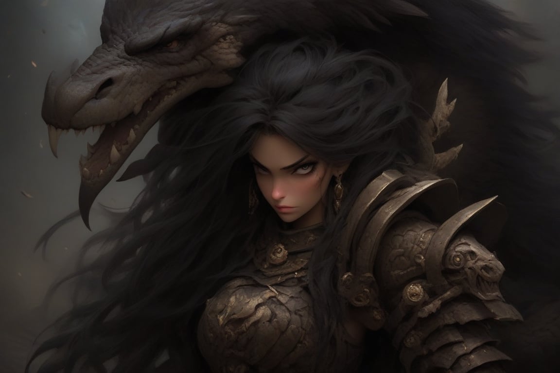Face: Central to the artwork,  her face is rendered with meticulous detail,  embodying the essence of a seasoned monster h...