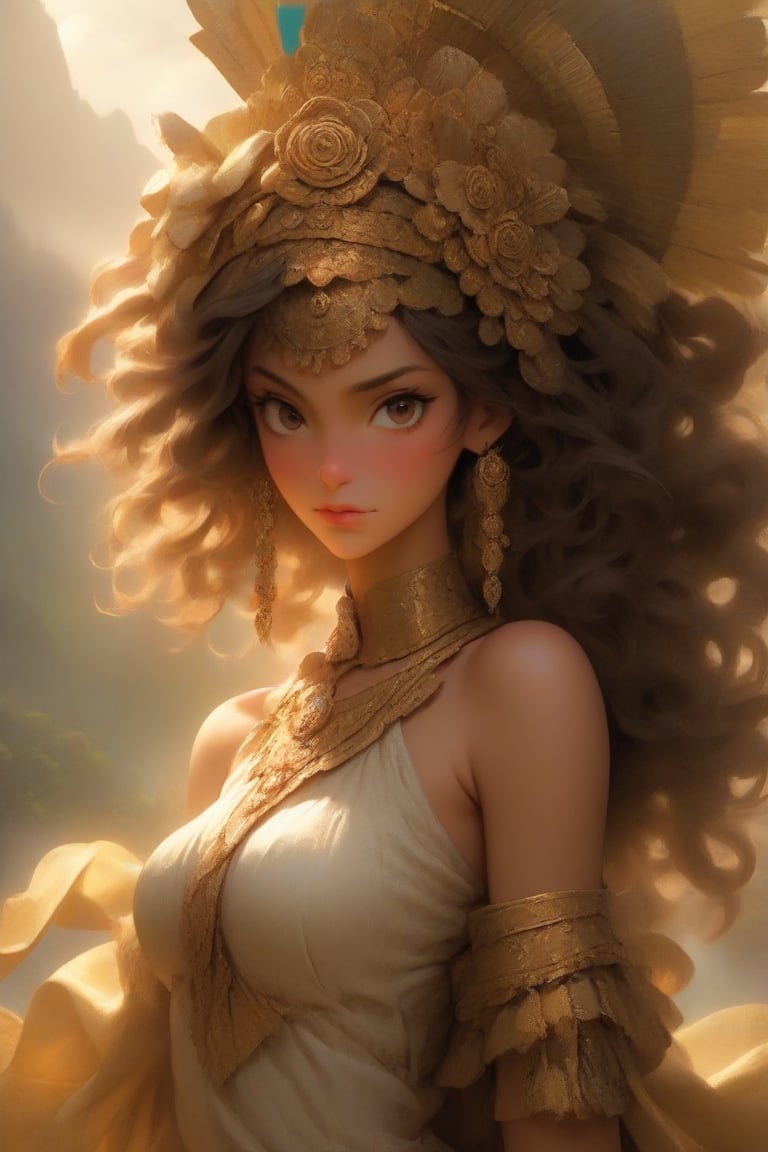 Create the depiction of the world's most beautiful woman,  Her attire and accessories should be deeply influenced by Colom...