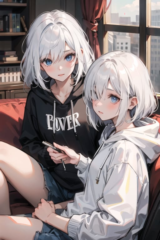 (masterpiece), best quality, high resolution, highly detailed, summer, perfect lighting, (2girls:1.4), BREAK, 1st girl, madure woman, mommy, white hair, red eyes, white hair over one eye, long white hair, white hoodie, red eyes 1st girl, BREAK, 2nd girl, white hair, blue eyes, long white hair, dark grey hoodie, blue eyes 2nd girl,