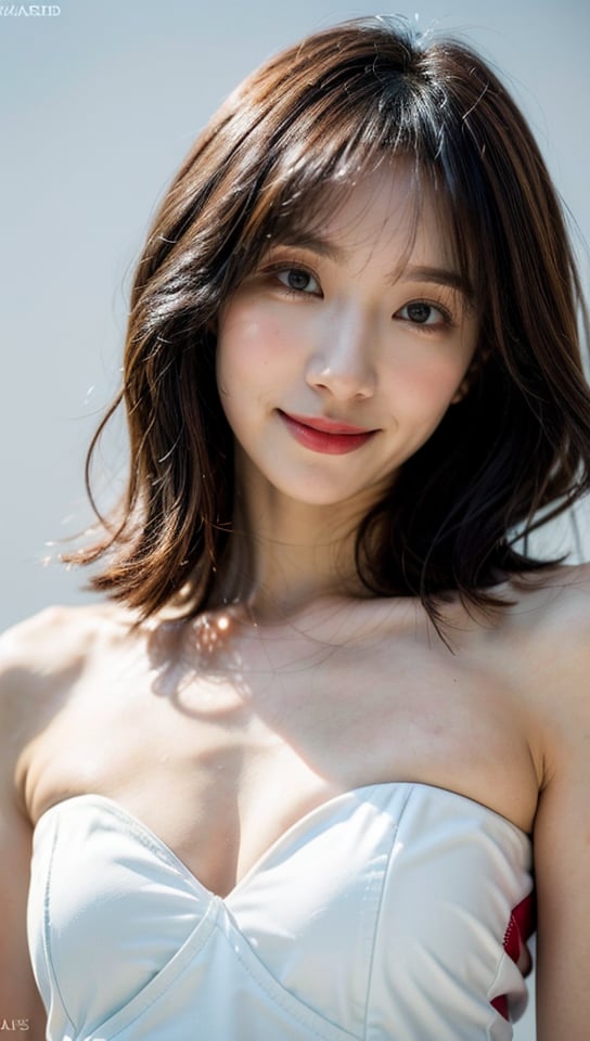 a portrait photography of a gorgeous in open unbuttoned white space suit, cleavage, standing inside spaceship, attractive, flirting, looking at viewer, detailed skin, highly detailed, diffused soft lighting, hyperrealism, cinematic lighting,hanilorashy, (masterpiece, top quality, best quality, (close-up photograph: 2), ((1girl)), korean, fair skin, (extremely detailed face), ((looking at viewer)), ((((ultra-detailed eyes and pupils)))),((((ultra-detailed lips)))) cheekbone, plump cheeks, ((bare pectorals)), ((bare chest)), ((tube dress)), bare head, ((bare shoulders)), symmetrical frame, (((strapless))), ((closed lips)), (((smile))), ((symmetrical pose)), (symmetrical face: 1.6), 35mm, ((((minimal plain white background)))), ((no lighting)), long hair, no watermark, ((medium bob hair)),  black hair, bangs, 