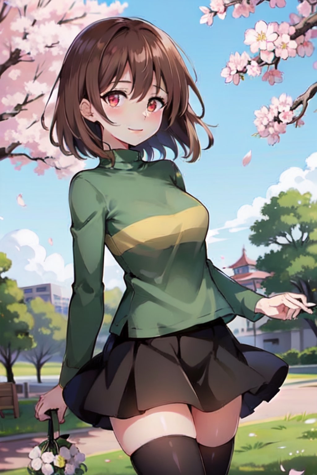 Chara, red_eyes ,white_tshirt, black_skirt, black_thighhighs, brown_hair, in a park, cherry blossoms in the background, medium breasts