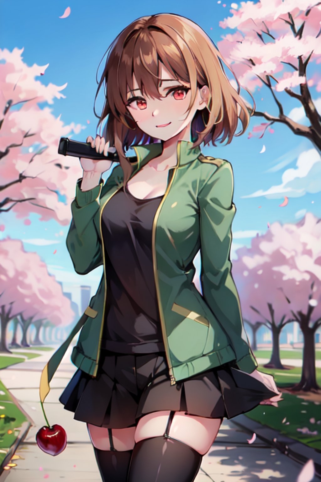 Chara, red_eyes ,green open jacket, tits out, black_thighhighs, brown_hair, in a park, cherry blossoms in the background, medium breasts