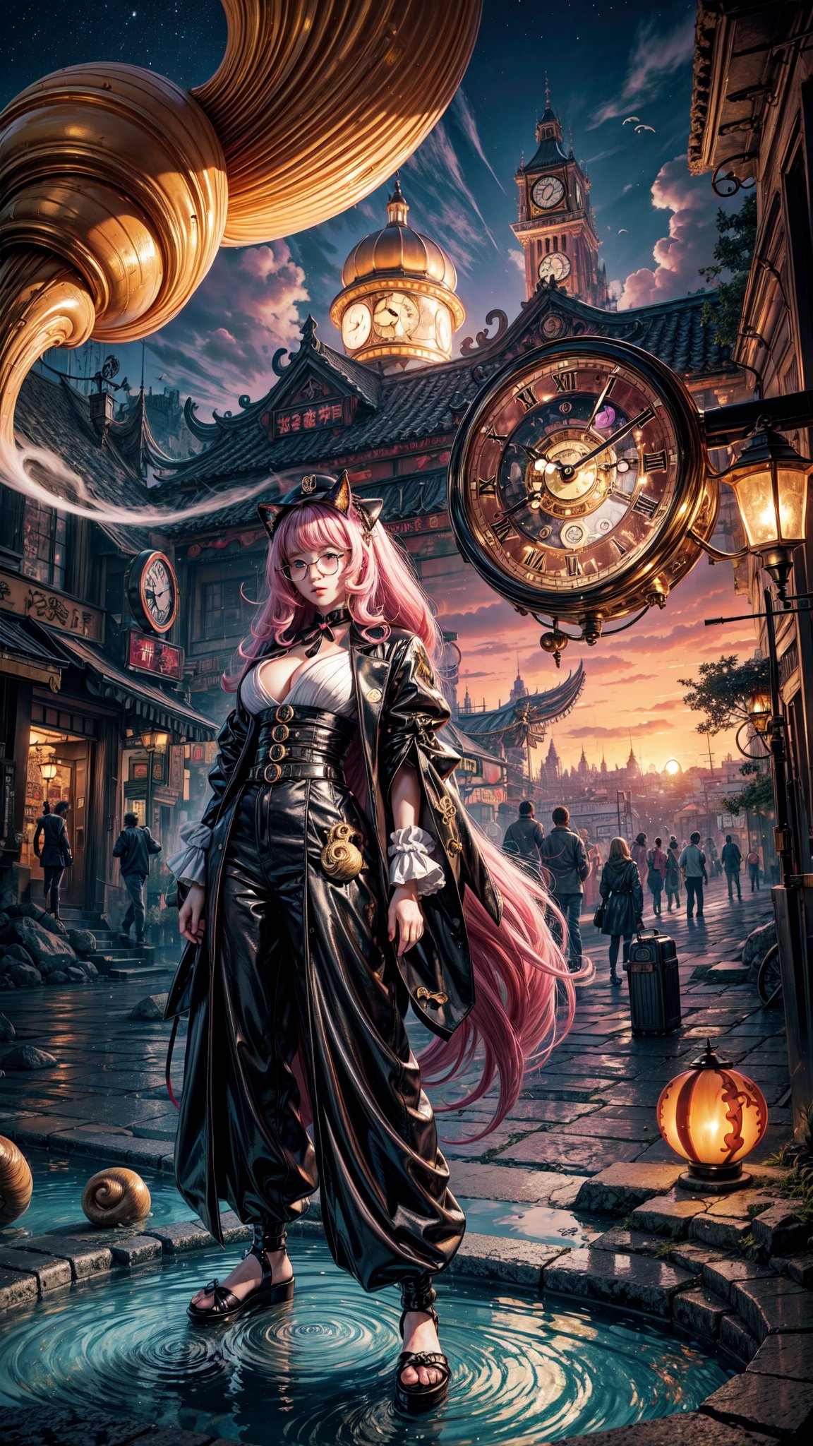 A surrealistic anime landscape unfolds: Salvador Dali's iconic melting clocks and distorted objects blend with vibrant anime colors and stylized characters. In a dreamlike setting, a bespectacled anime girl with a wispy mustache and curly hair peers out from behind a warped clock face, surrounded by swirling clouds of golden smoke. The cityscape in the background features buildings shaped like snails and mushrooms, while a giant, -pink cat watches over the scene, its eyes glowing like lanterns.,dali69