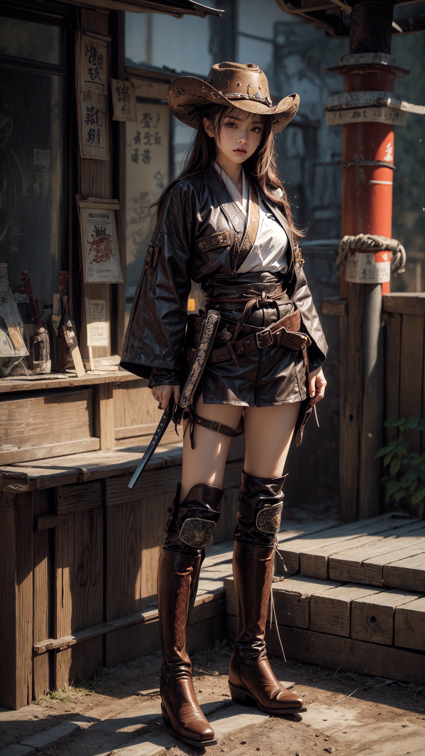 GIRL,((SAMURAI-COWBOY)), Leather Cowboy HAT, Alien Planet ,Katana,((Pistol holster)),((COWBOY BOOTS)),SCIENCE FICTION,Full Body,cowgirl,belt_buckle