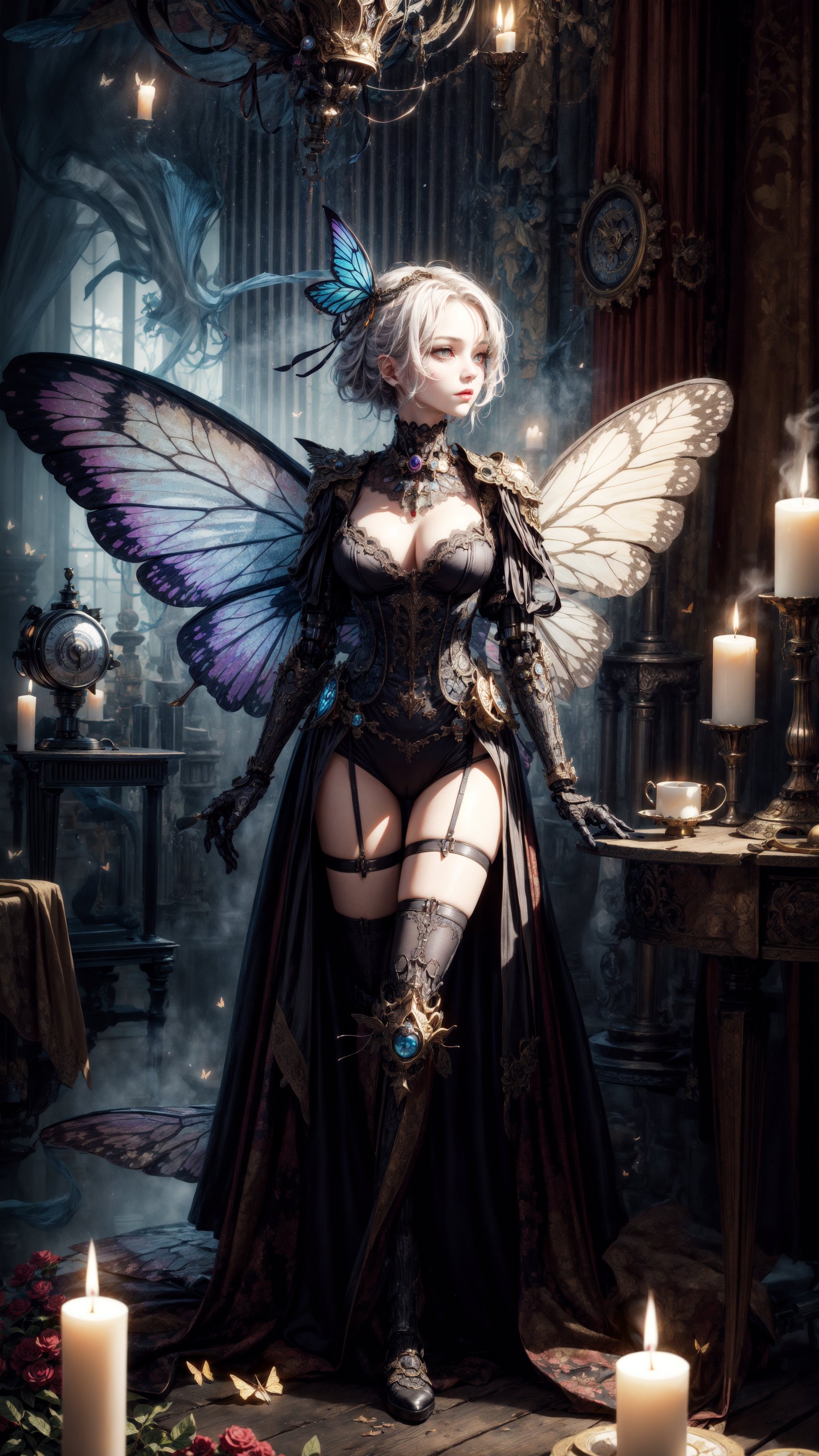 Steampunk Faery Girl,  Butterfly Wings, robot Cat, in a candle lit room ,STEAM PUNK