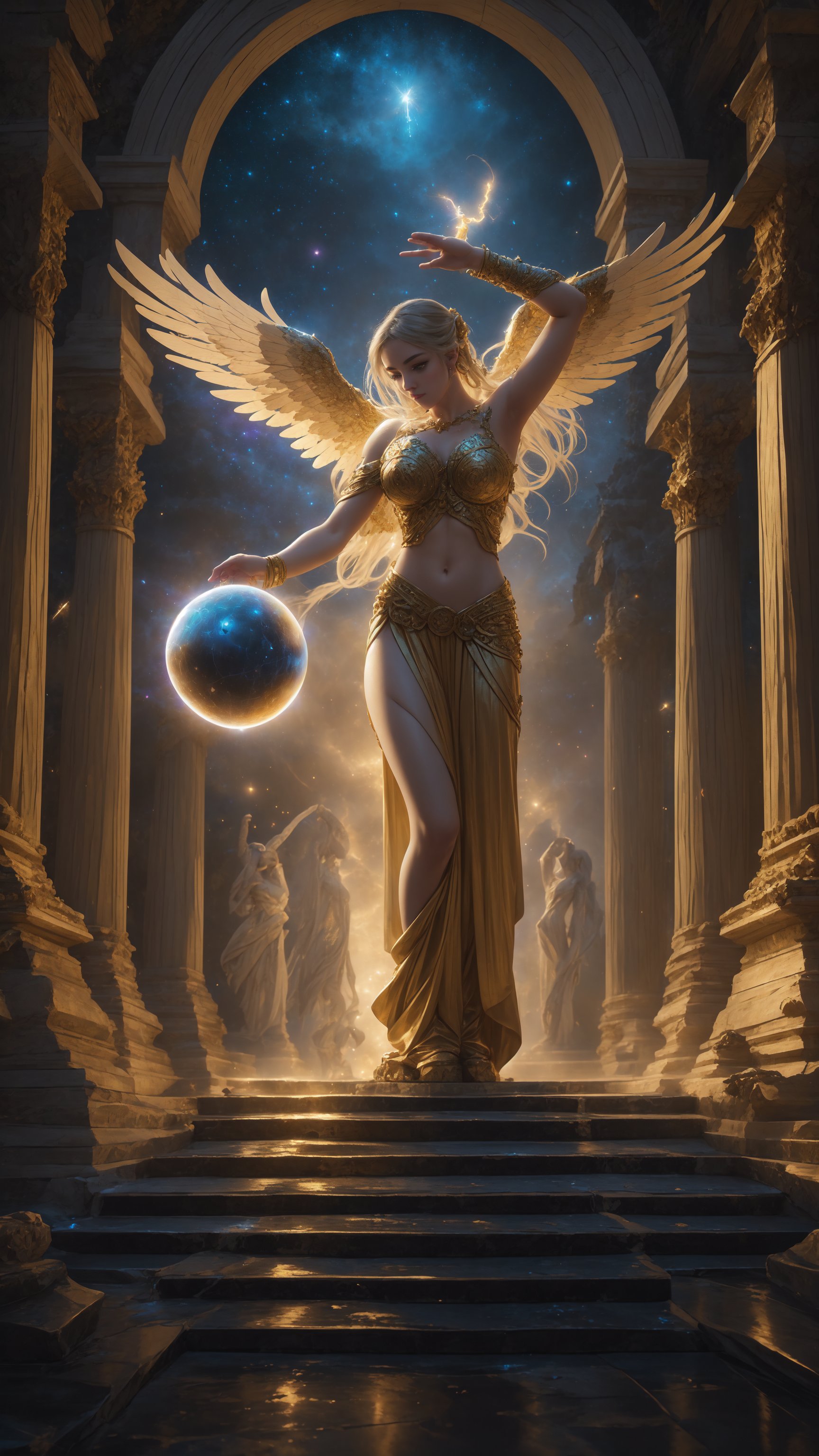 "epic fantasy scene, Greek Mythology, girl with a mystical aura, holding a glowing orb, ancient Greek temple in the background, starry night sky, magical atmosphere, flowing robes, intricate details, high quality, detailed, vivid colors",Fantasy detailers,Dynamic poses,Movement poses 