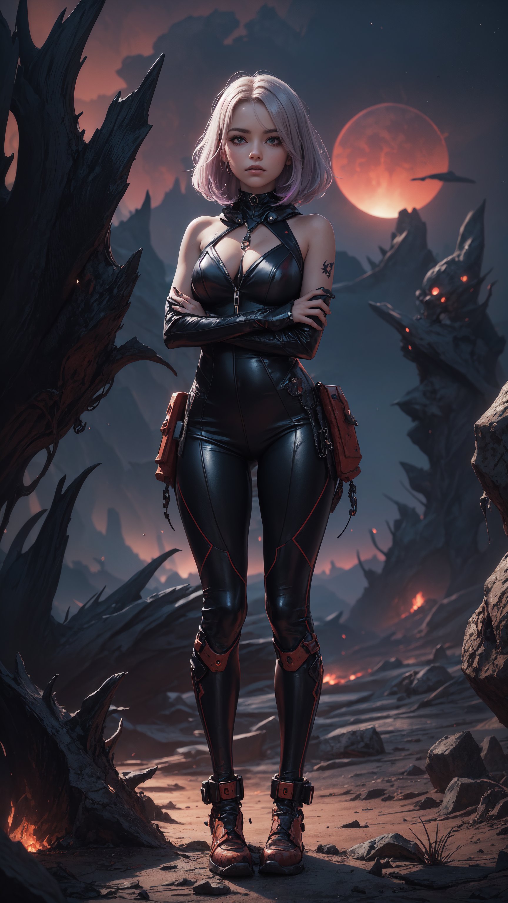 A stunning image of a girl standing confidently front and center on an alien planet's rust-red terrain. She wears a sleek...
