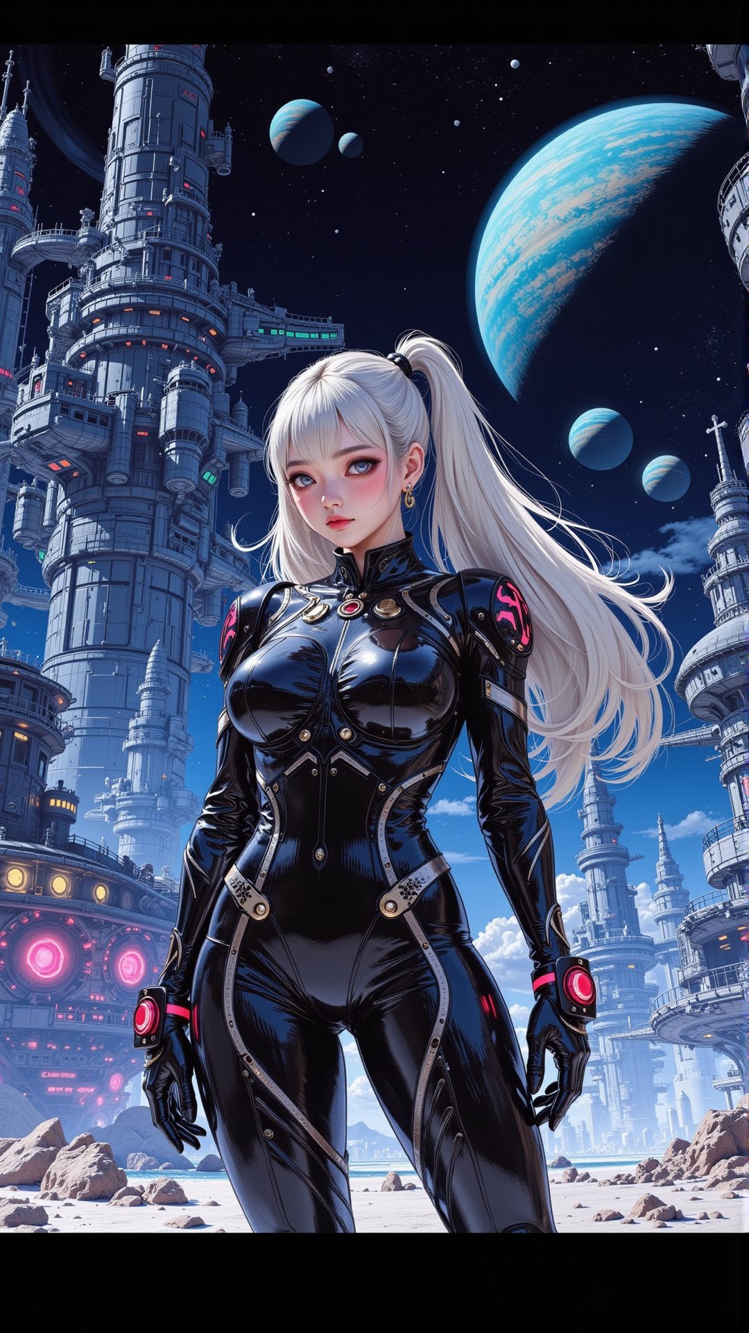  A highly detailed digital painting of a powerful space heroine, standing confidently at a sprawling futuristic spaceport, massive starships docked in the background, a majestic Saturn-like planet with rings visible in the sky, glowing city lights in the distance, high-tech metallic suits, sharp reflections, glowing accents, dramatic lighting from twin suns, vibrant colors, intricate details on ships and structures, a sense of vastness and adventure.moebius art, noriyoshi ohrai masterpiece, moebius illustration art, moebius artwork, by Noriyoshi Ohrai, art of moebius, ralph mcquarie, ralph mcquarrie concept art, ralph mcquarrie. centered image, by Moebius, , artist katsuhiro otomo, by Philippe Druillet, geof darrow art, 8 0 s sci - fi comic art, katsuhiro otomo, geoff darrow, inspired by Philippe Druillet, kastuhiro otomo, moebius artwork.,ct-pop2