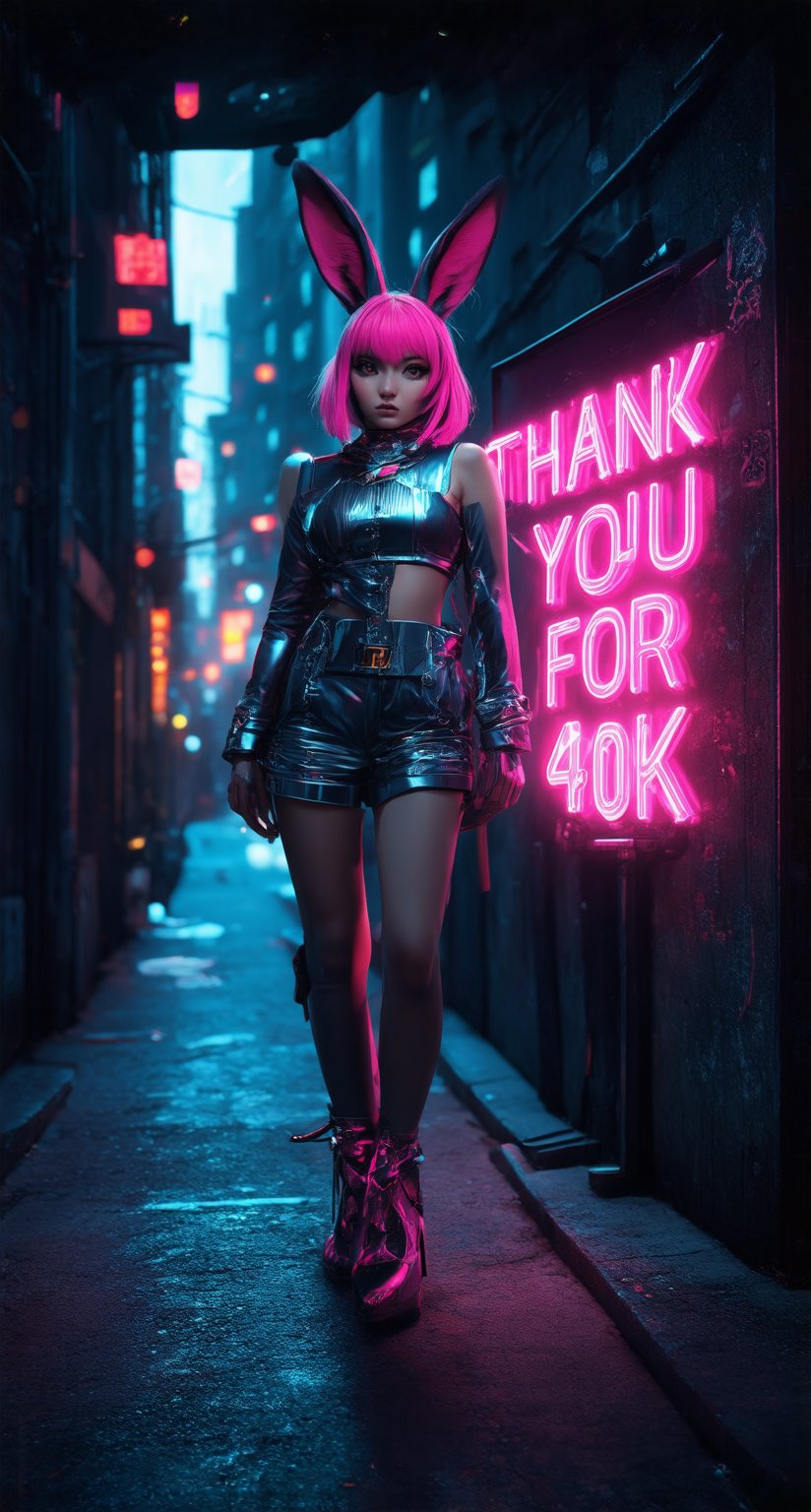 In a dark, gritty alleyway lit by a neon-lit advertisement , a Perfect Beautyful, cyberpunk bunny girl standing, leaning confidently on a Sign reading Thank you for 40K, her bright pink hair and matching heels a stark contrast to the dystopian surroundings. She gazes directly at the camera, her eyes gleaming with determination. The cityscape behind her is a blur of steel and concrete, punctuated by the glowing text that seems to pulse with energy.