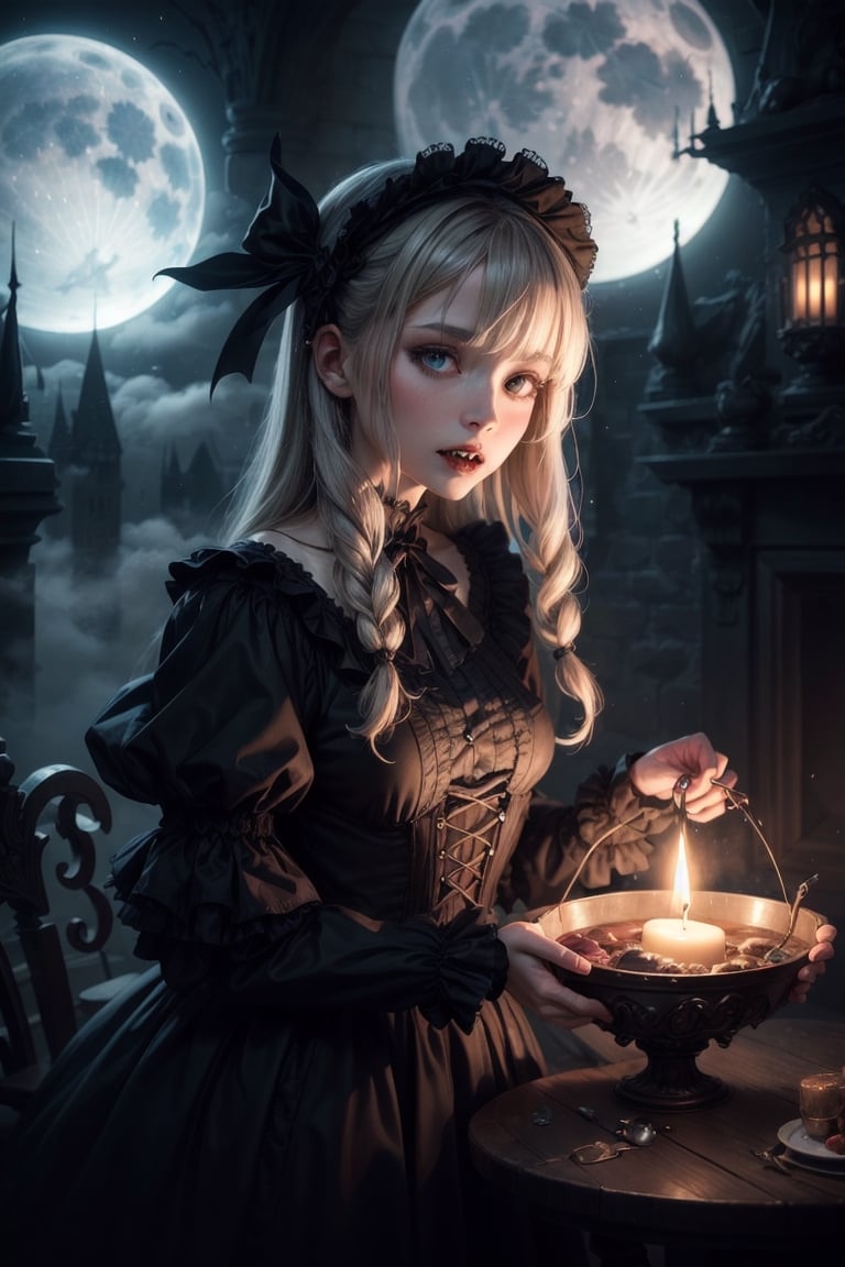 A digital art composition blending elements of realism and fantasy, depicting a Vampire Gothic Lolita in a dreamy Gothic castle, her fangs glistening, surrounded by swirling mist and moonlight.