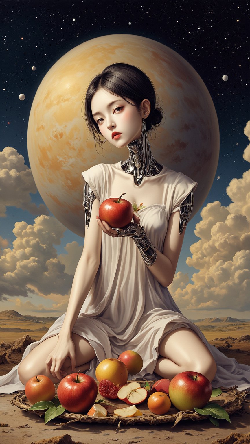 A surreal still life: A girl,  dressed in flowing silk,  holds a juicy apple against a backdrop of swirling Saturnian clou...