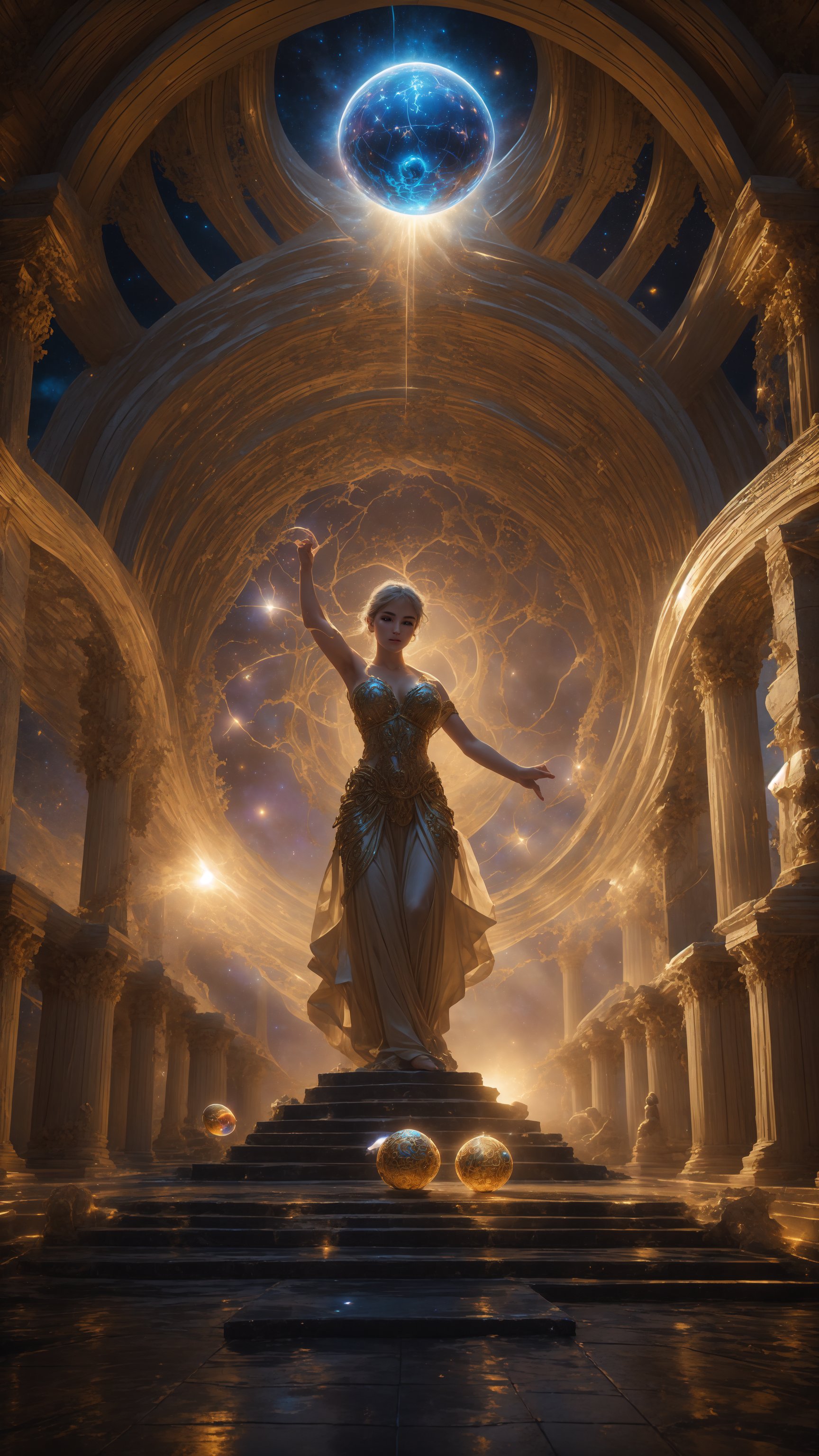 "epic fantasy scene, Greek Mythology, girl with a mystical aura, holding a glowing orb, ancient Greek temple in the background, starry night sky, magical atmosphere, flowing robes, intricate details, high quality, detailed, vivid colors",Fantasy detailers,Dynamic poses,Movement poses 