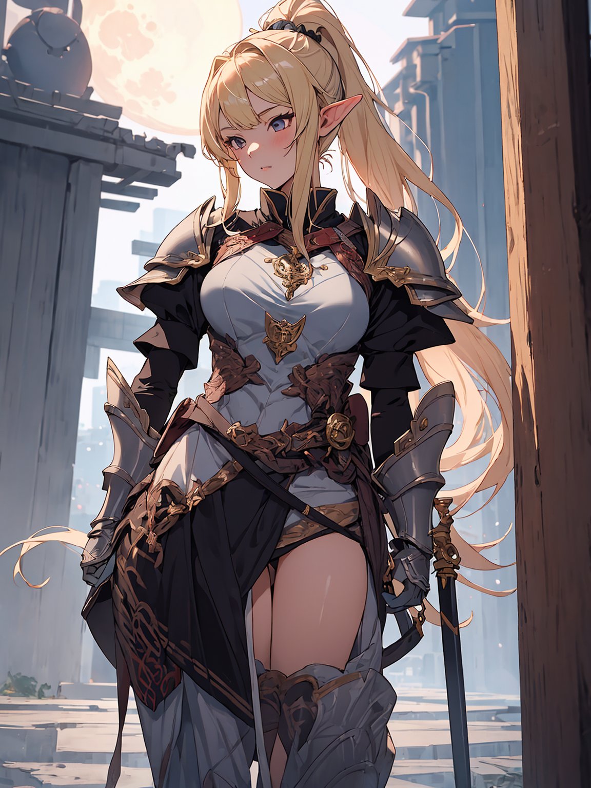 1girl,18 years old,beautiful elven girl,(((onmyouji))),(((suikan))),sexy armour, blond_hair, long_ponytail, one full moon