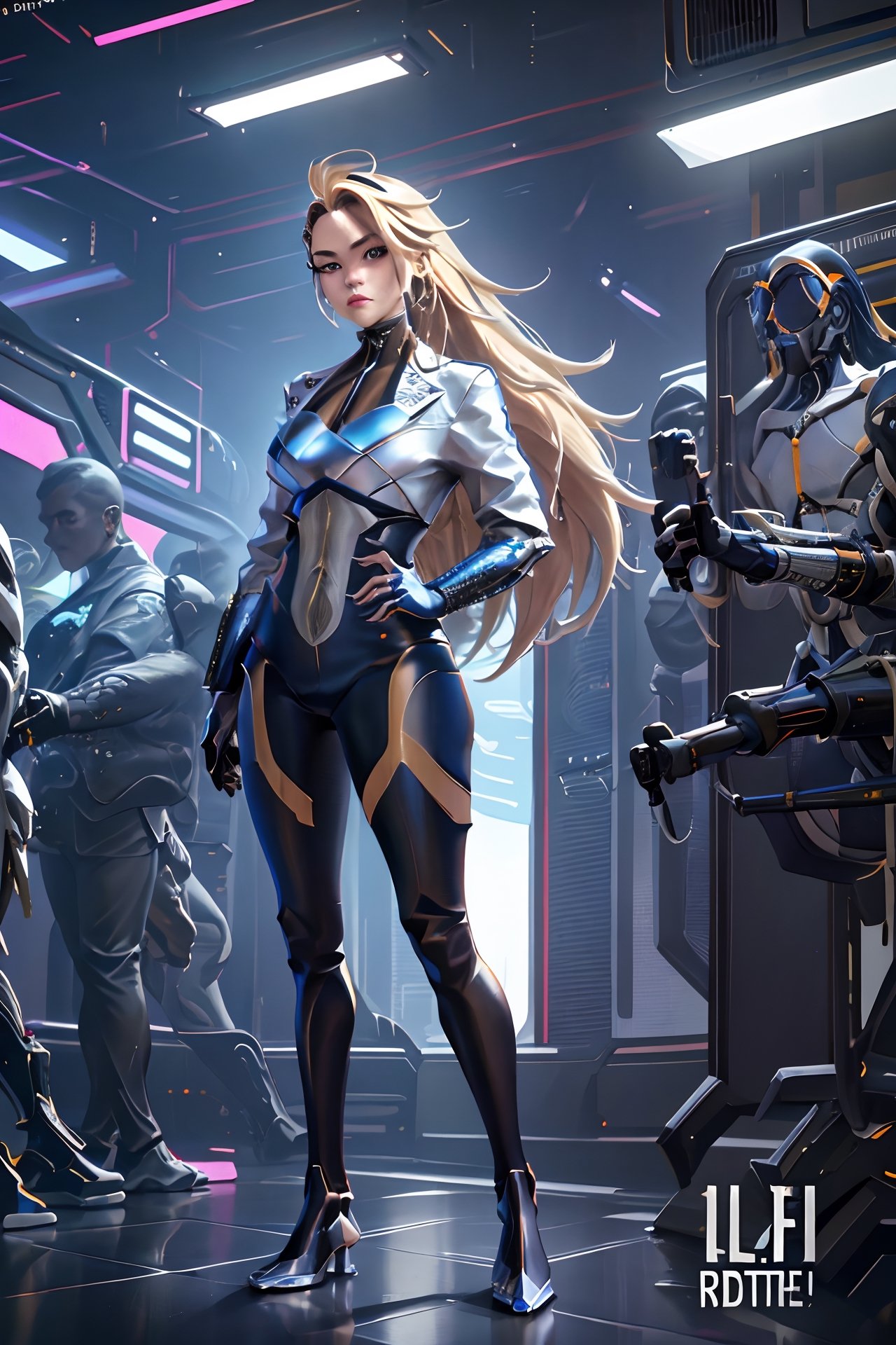 full body shot, woman android face, (long blonde hair with highlights:1.2), cyborg, robotic parts, (luxurious cyberpunk:1.4), lace, hyperrealistic, anatomical, facial muscles, cable electric wires, microchip, (white ceramic armor plates:1.2), blue liquid pipes,
elegant, (lo-fi:1.2), detailed composition, cinematic, dynamic composition, incredibly detailed, sharpen, details, intricate detail, anamorphic, lightroom, bokeh, film grain, HDR10, 8K, by Roger Deakins, 
,akali