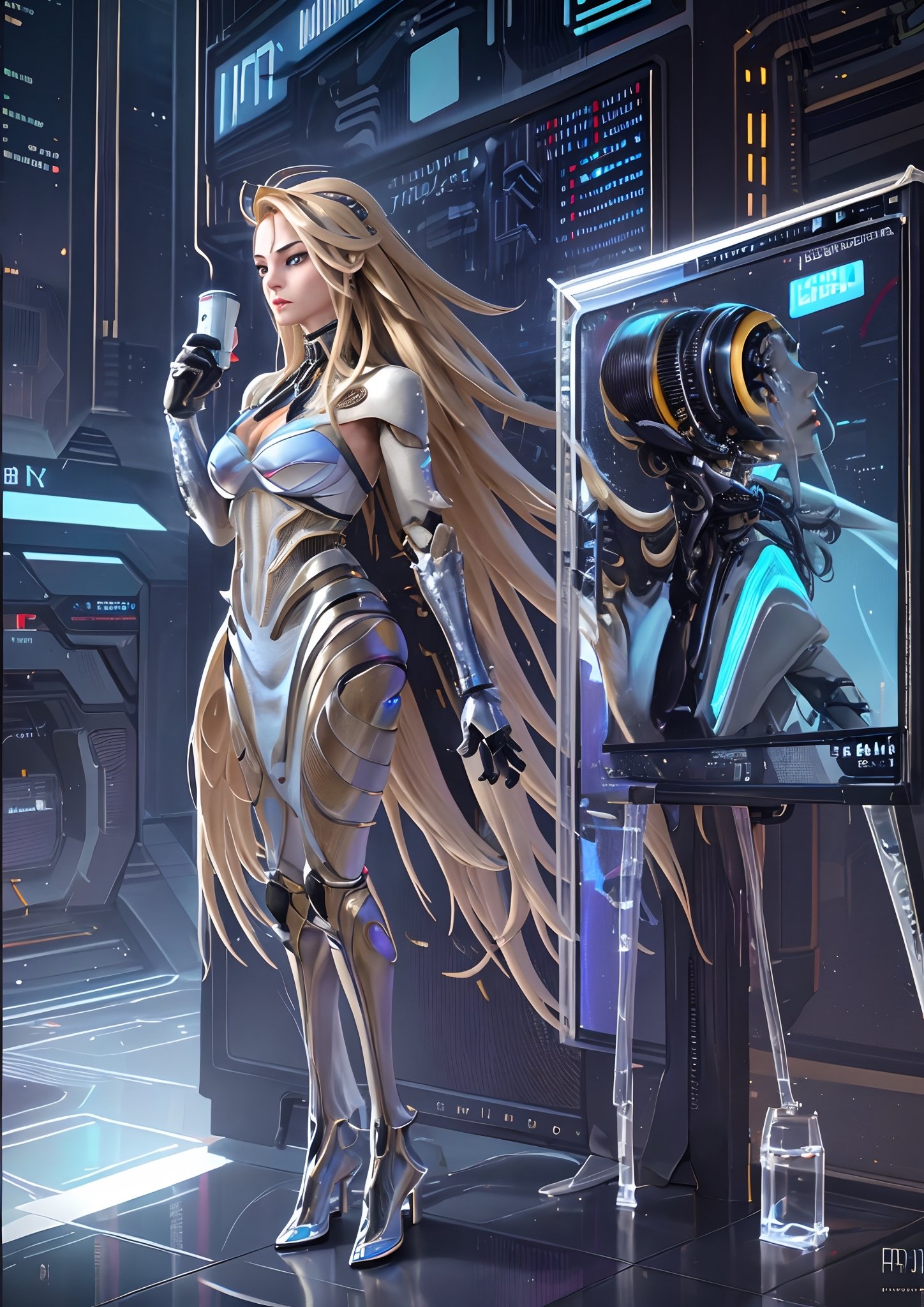 full body shot, woman android face, (long blonde hair with highlights:1.2), cyborg, robotic parts, (luxurious cyberpunk:1.4), lace, hyperrealistic, anatomical, facial muscles, cable electric wires, microchip, (white ceramic armor plates:1.2), blue liquid pipes,
elegant, (lo-fi:1.2), detailed composition, cinematic, dynamic composition, incredibly detailed, sharpen, details, intricate detail, anamorphic, lightroom, bokeh, film grain, HDR10, 8K, by Roger Deakins, 
,akali