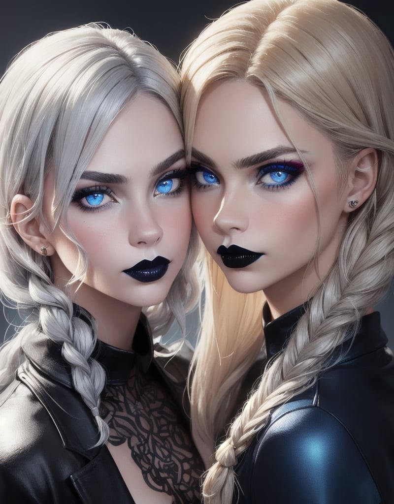 2girl, portrait, (cara delevingne:0.8), (1 girl silver hair, one braid, red lipstick, blue eyes), and (2 girl blonde, black lipstick, blue eyes)
