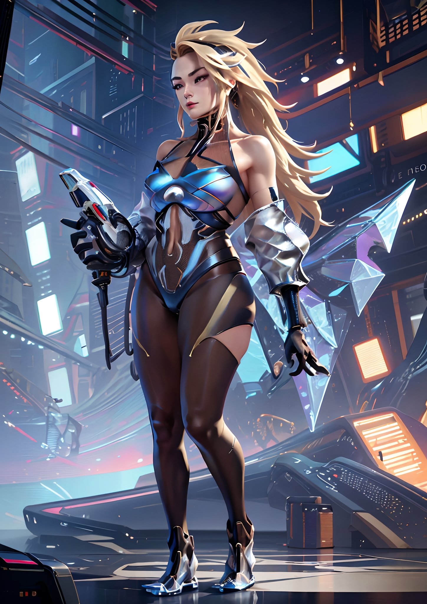 full body shot, woman android face, (long blonde hair with highlights:1.2), cyborg, robotic parts, (luxurious cyberpunk:1.4), lace, hyperrealistic, anatomical, facial muscles, cable electric wires, microchip, (white ceramic armor plates:1.2), blue liquid pipes,
elegant, (lo-fi:1.2), detailed composition, cinematic, dynamic composition, incredibly detailed, sharpen, details, intricate detail, anamorphic, lightroom, bokeh, film grain, HDR10, 8K, by Roger Deakins, 
,akali