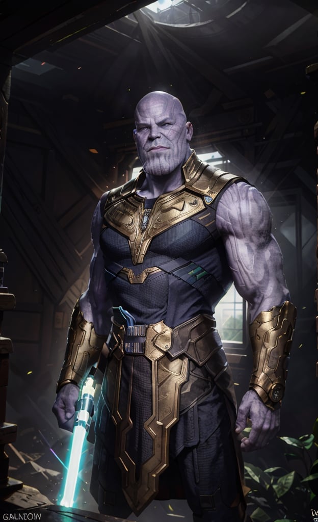 thanos, thnos, muscular, tall, blue eyes, bald, wearing white jedi robes, looking at viewer, serious, smiling, holding lightsaber, green beam, indoors, kitchen,  extremely detailed, hdr, dynamic lighting, playful ambiance, lora:thanosv1:.8, lora:jedi:.6
