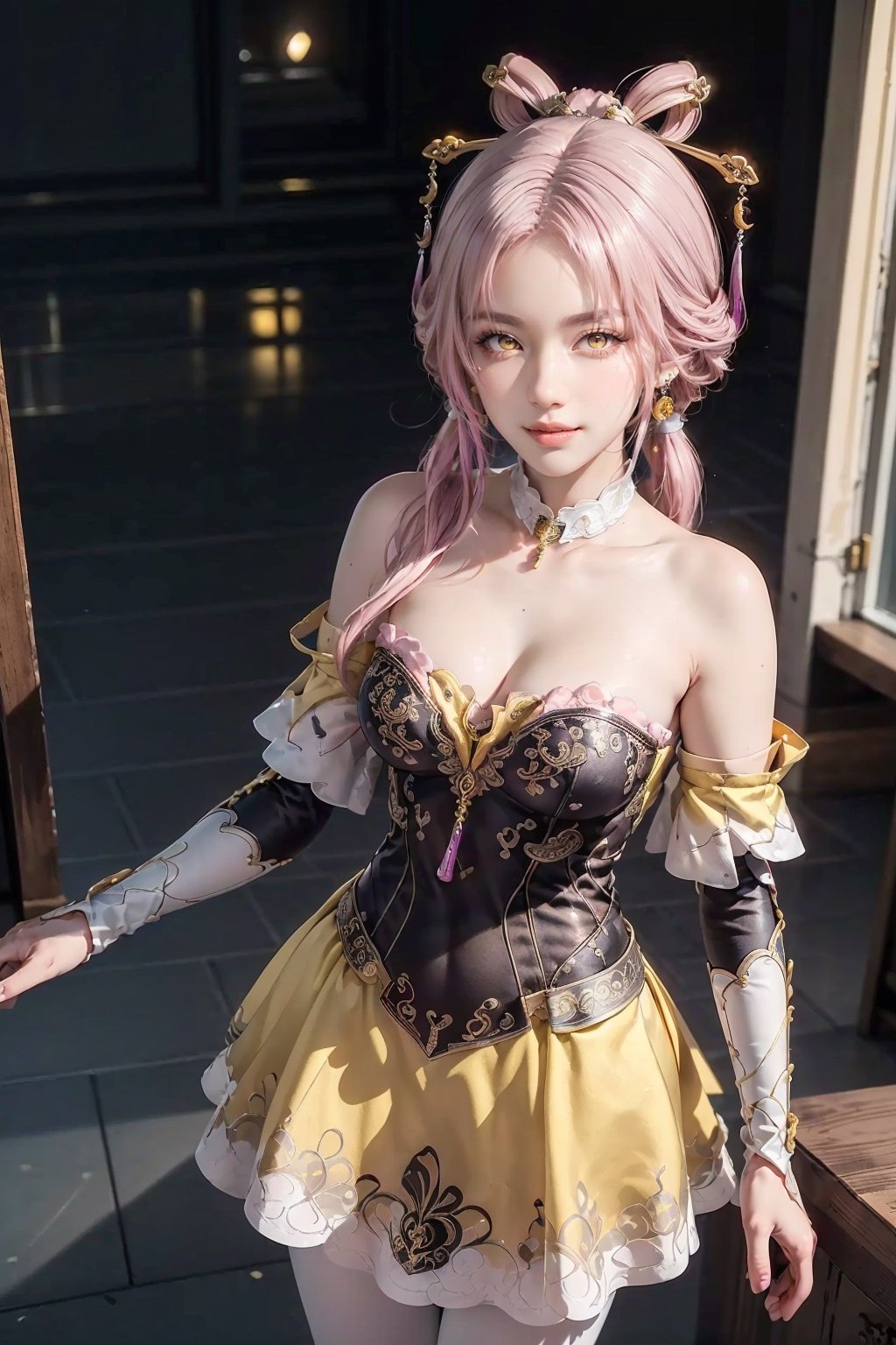 (masterpiece:1.2), (photorealistic:1.2), (best quality),((realistic:1.3)), (detailed skin:1.3), (intricate details), dramatic, ray tracing,finely detailed, quality,realistic lighting,large breasts,1girl,fu xuan, (yellow eyes:1.5), forehead jewel, hair ornament, hair stick, long hair, low twintails, parted bangs, pink hair, twintails,bare shoulders, black dress, bridal gauntlets, detached collar, detached sleeves, dress, jewelry, neck ring, pantyhose, skirt, white pantyhose, white skirt,,smile,looking at viewer,(indoors,dynamic pose), lora:fuxuan-lora-nochekaiser:1
,Fu Xuan,(Fu xuan:1.3)