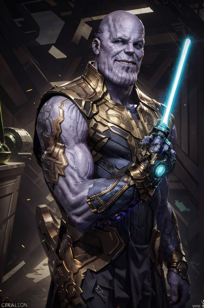 thanos, thnos, muscular, tall, blue eyes, bald, wearing white jedi robes, looking at viewer, serious, smiling, holding lightsaber, green beam, indoors, kitchen,  extremely detailed, hdr, dynamic lighting, playful ambiance, lora:thanosv1:.8, lora:jedi:.6
