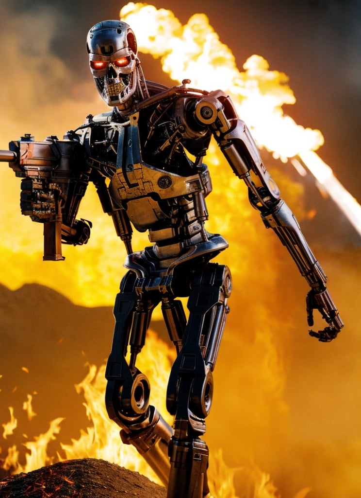 (lora:T800Endoskeleton-10:0.8), (RAW photo, real life, absurdres, high quality, photorealistic, detailed, realistic:1.3), (solo:1.3), ((dynamic pose)), a high resolution comic book art photo of a T800Endoskeleton robot with red eyes and metal skull face and chrome metal body and holding a futuristic gun shooting lasers, standing on a hill of skulls, dark sky and fire and flames and smoke and explosions and robots and post apocalypse war in the background, cinematic, atmospheric, 8k, realistic lighting, shot by Hassleblad H6D, Zeiss, Kodachrome, nikon, 50mm 1.2 lens, Octane Render, ultra realistic, realistic lighting, photorealistic, photorealism, photoreal, unreal engine 5, Adobe After FX, highly detailed, intricate detail