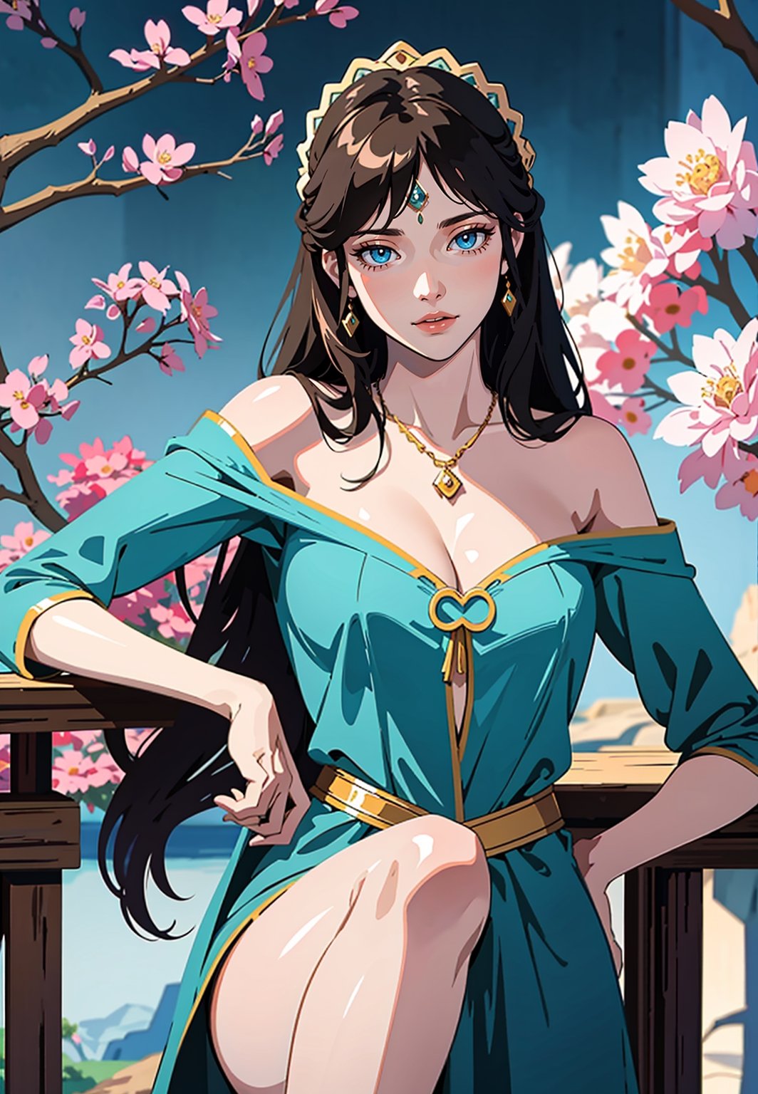 mirana, 1girl, skinny, slim figure, holding knees, upper body portrait, thin waist, solo, black hair, cleavage, bare feet, bid detailed eyes, magical forest with flowers, evening, best quality, (masterpiece), realistic, 8k illustration,  lora:Miranav0.1:0.4
