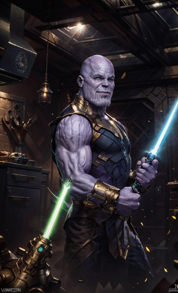 thanos, thnos, muscular, tall, blue eyes, bald, wearing white jedi robes, looking at viewer, serious, smiling, holding lightsaber, green beam, indoors, kitchen,  extremely detailed, hdr, dynamic lighting, playful ambiance, lora:thanosv1:.8, lora:jedi:.6
