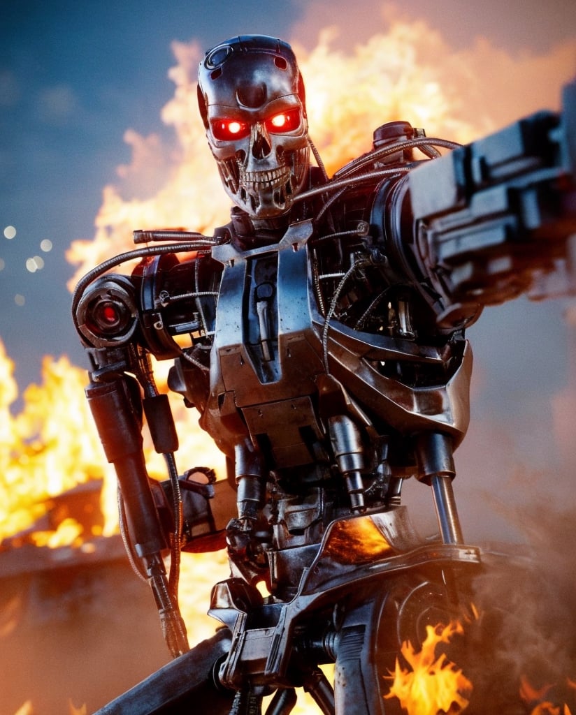 (lora:T800Endoskeleton-10:0.8), (RAW photo, real life, absurdres, high quality, photorealistic, detailed, realistic:1.3), (solo:1.3), ((dynamic pose)), a high resolution comic book art photo of a T800Endoskeleton robot with red eyes and metal skull face and chrome metal body and holding a futuristic gun shooting lasers, standing on a hill of skulls, dark sky and fire and flames and smoke and explosions and robots and post apocalypse war in the background, cinematic, atmospheric, 8k, realistic lighting, shot by Hassleblad H6D, Zeiss, Kodachrome, nikon, 50mm 1.2 lens, Octane Render, ultra realistic, realistic lighting, photorealistic, photorealism, photoreal, unreal engine 5, Adobe After FX, highly detailed, intricate detail