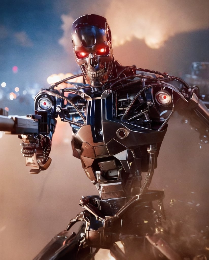 (lora:T800Endoskeleton-10:0.8), (RAW photo, real life, absurdres, high quality, photorealistic, detailed, realistic:1.3), (solo:1.3), ((dynamic pose)), a high resolution comic book art photo of a T800Endoskeleton robot with red eyes and metal skull face and chrome metal body and holding a futuristic gun shooting lasers, standing on a hill of skulls, dark sky and fire and flames and smoke and explosions and robots and post apocalypse war in the background, cinematic, atmospheric, 8k, realistic lighting, shot by Hassleblad H6D, Zeiss, Kodachrome, nikon, 50mm 1.2 lens, Octane Render, ultra realistic, realistic lighting, photorealistic, photorealism, photoreal, unreal engine 5, Adobe After FX, highly detailed, intricate detail