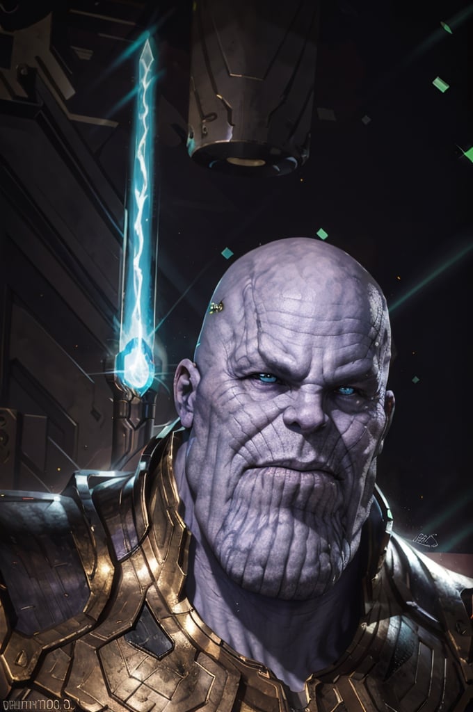 thanos, thnos, muscular, tall, blue eyes, bald, wearing white jedi robes, looking at viewer, serious, smiling, holding lightsaber, green beam, indoors, kitchen,  extremely detailed, hdr, dynamic lighting, playful ambiance, lora:thanosv1:.8, lora:jedi:.6
