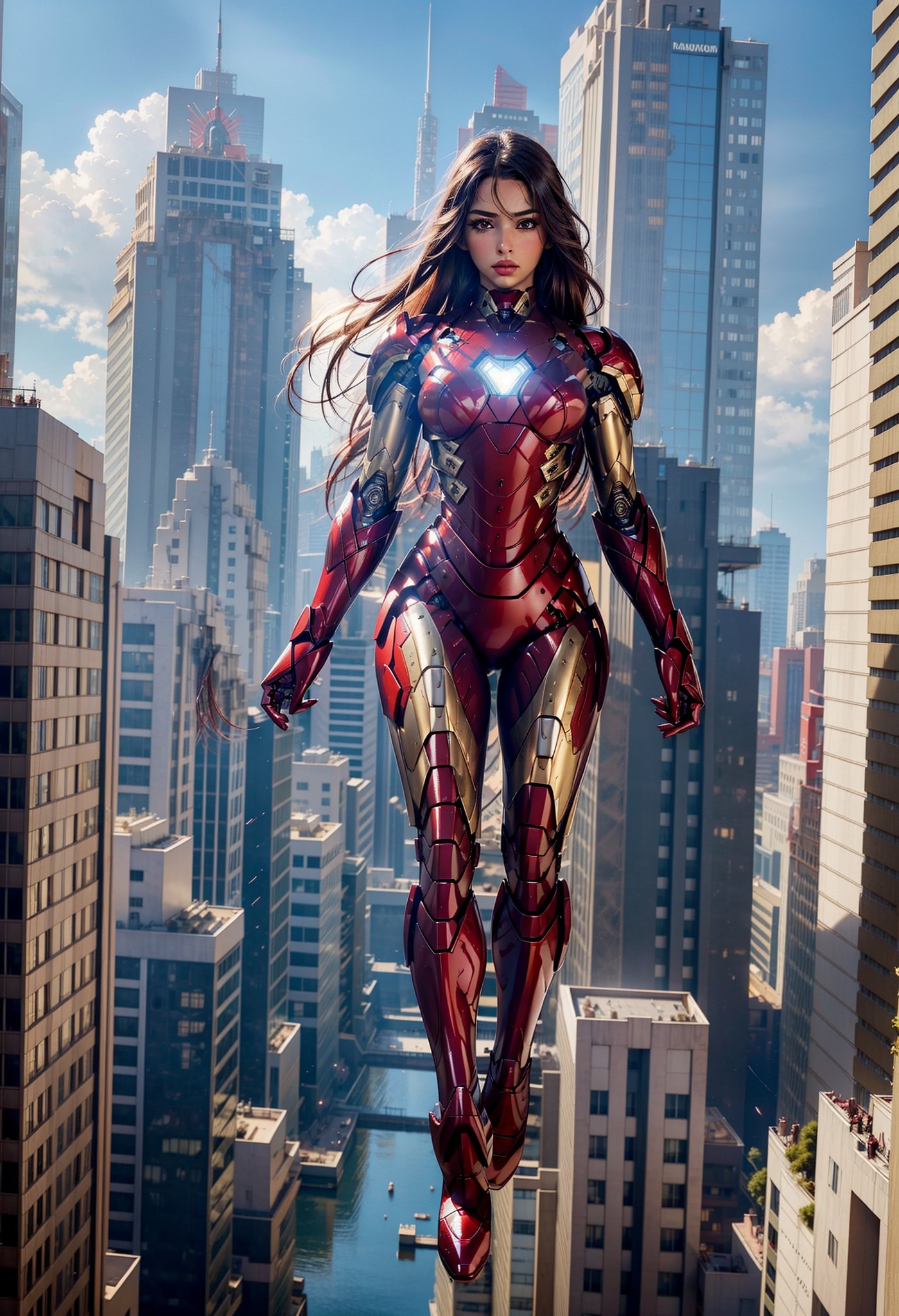 1 girl, long black hair, side,  full body, iron man suit,  pauldrons, ,iron man, open clothes, , abs, ,Eva Savagiou, ,evangelion, eva suit, floating in the sky, cityscape, day light, details, reflective, fighting , ,mecha, ,3va, , photo-realistic,