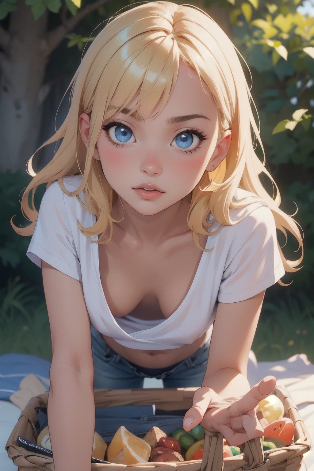 (masterpiece:1.3), (best quality:1.3), (hires, high resolution:1.3), 1girl, blonde, blue eyes, long hair, lying, on stomach, foreshortening, facing viewer, picnic, picnic basket, ass visible, downblouse, (white, loose t-shirt), leaning forward, selfie, hand on own face, 
lora:downblouse-v1:0.8
,downblouse